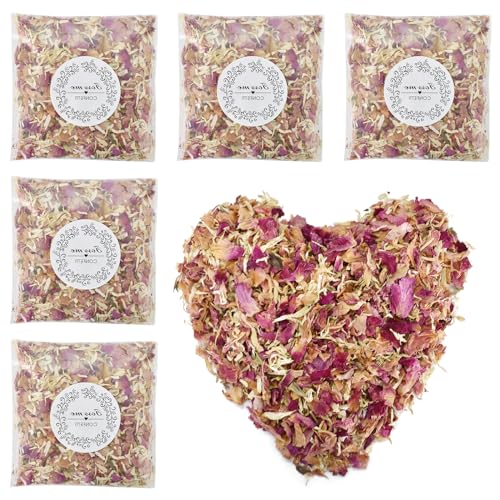 Lot de 5 Paquets Confettis de Mariage Fleurs Séchées, Pétales de Rose Biodégradables, Fleurs Séchées vrac Mariage, Rose Sechees Naturel pour Bain de Pieds, Bain de Corps, Spa