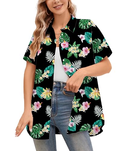 Image of Betusline Girls' and Womens' Hawaiian Shirt Blouse Button Down Beach Shirts | Casual breathable and comfortable Short Sleeve V-Neck Floral Tropical Blouse