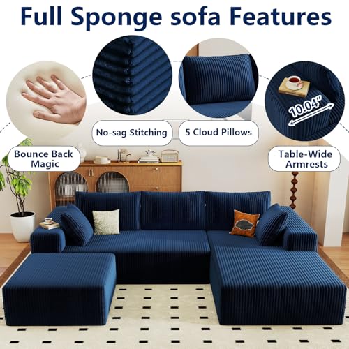 Image of 96 inch Modular Sectional Sofa with Ottoman, Modern Corduroy Cloud Couch with Deep Seat, Boneless Couch Upholstered 3-Seater U-Shaped Sofa for Living Room, No Assembly (Blue, Right-Facing Chaise)