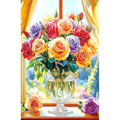 Image of MINIWAN 500-Piece Jigsaw Puzzle for Adults - Colorful Roses in Glass Vase, 23x15 Inch Challenging Puzzle, Floral Puzzle for Adults & Teens, Premium Thick Cardboard Pieces with Reference Poster