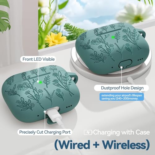 Image of Meyaar Silicone Case for AirPods Pro 3 Floral Embossed, Flower Engraved Soft Silicone Cover with Keychain, Anti-Scratch, Shockproof Protective Case Cover (Pine Green, for AirPods Pro 3 (2025))