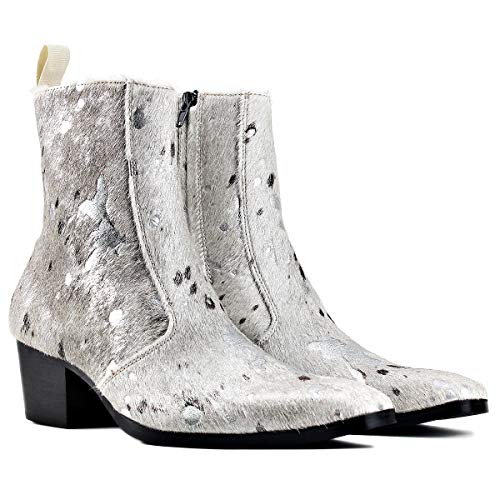 Image of OSSTONE Men Chelsea Ankle Boots Leather Pony Hair Leopard Boot with Side Zipper Heel Boots JY012