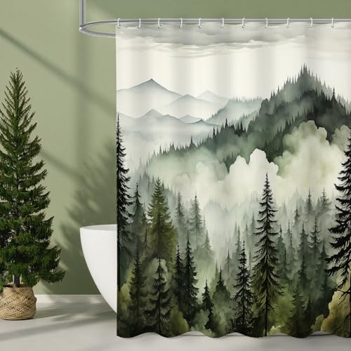 Litabel Dark Green Misty Pine Forest Shower Curtain Mountain Foggy Woodland Scenery Tree Shower Curtains for Chic Rustic Bathroom Abstract Modern Waterproof Nature-Themed Decor 72x72 Inches