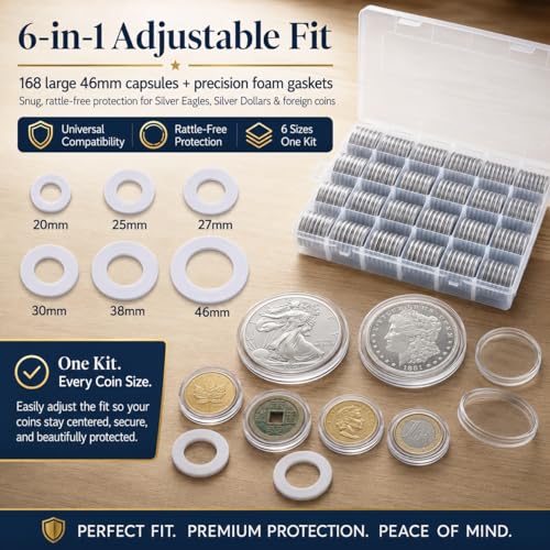 Image of FULLCASE Coin Capsules for Collectors, 168-Piece Storage Case,Fits 20-46mm | 6-Size Foam Gaskets,for Silver Dollars Eagles&Foreign Coins,Airtight Coin Storage Box,Organizer Collecting Supplies White