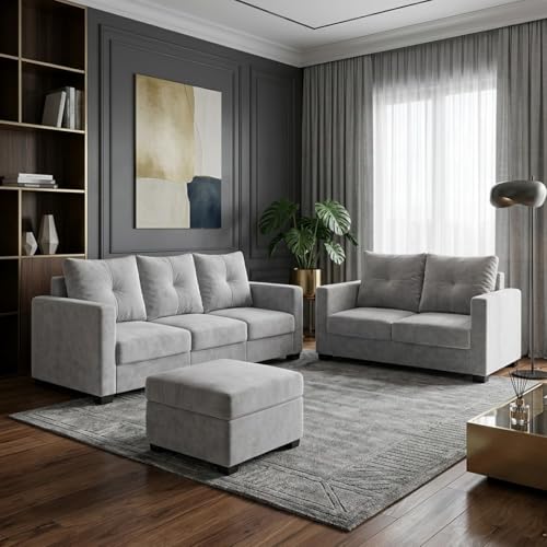 Image of FURNY Amonster 3 Seater + 2 Seater Fabric Sofa Set with 1 Ottoman (Light Gray) with Velvet Finish | Durable Comfort | Ideal for Living Room