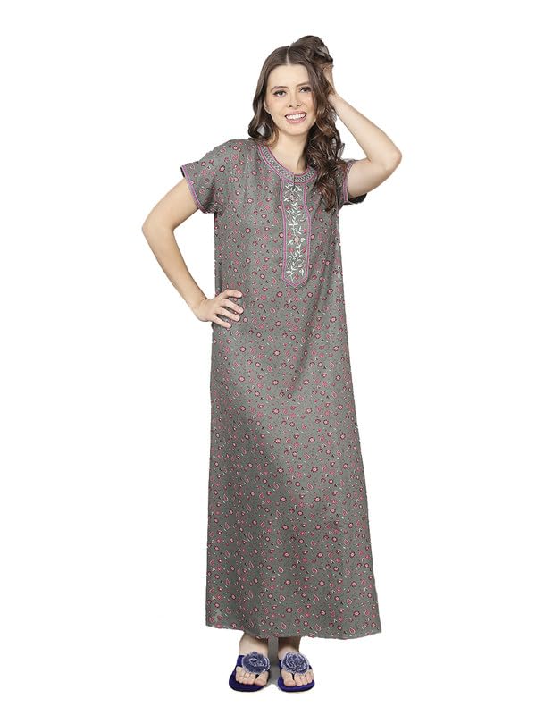 evolove Alpine Fabric Nighty Maxi for Women with Side Pocket and Neckline Embroidery | Printed Short Sleeves Full Length Night Wear Gown-picture-17