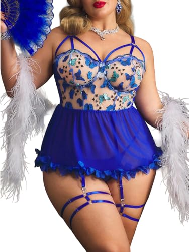 Image of Alrovetoney Plus Size Lingerie For Curvy Women Ruffle Lingerie Set Sexy Lace Lingerie Set Garter Belt With Stockings