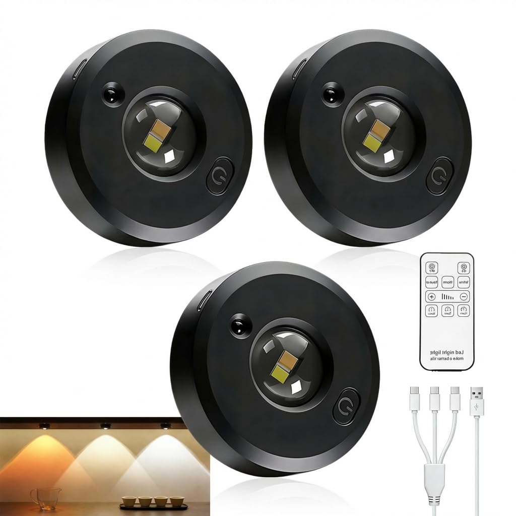 3-Pack Under Cabinet Kitchen Lights Rechargeable 3 Color Temperatures LED Puck Light with Remote Control Wireless Puck Light with Timer,Dimmer Stick on Lights for Kitchen, Wardrobe and Shelves