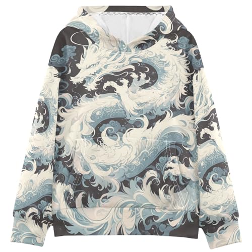 GuoChe Sudaderas con capucha y sudaderas de manga larga para niños de 4 a 14 años, Diseño de dragón blanco, 12-13 años