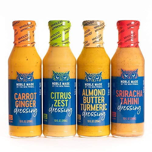 Noble Made by The New Primal, Dressing Variety Pack, Includes Sriracha Tahini, Carrot Ginger, Almond Butter Turmeric and Citrus Zest Dressings, Whole30 Approved, Paleo, Keto, Four 10oz Glass Bottles