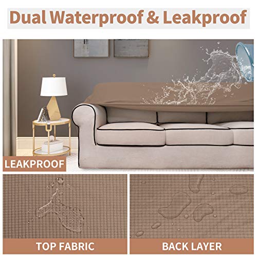 Image of Easy-Going 100% Waterproof Chair Couch Cover, Stretch Jacquard Sofa Cover | Dual Waterproof Sofa Slipcover, Leakproof Furniture Protector for Kids, Pets, Dog and Cat (Chair, Camel)