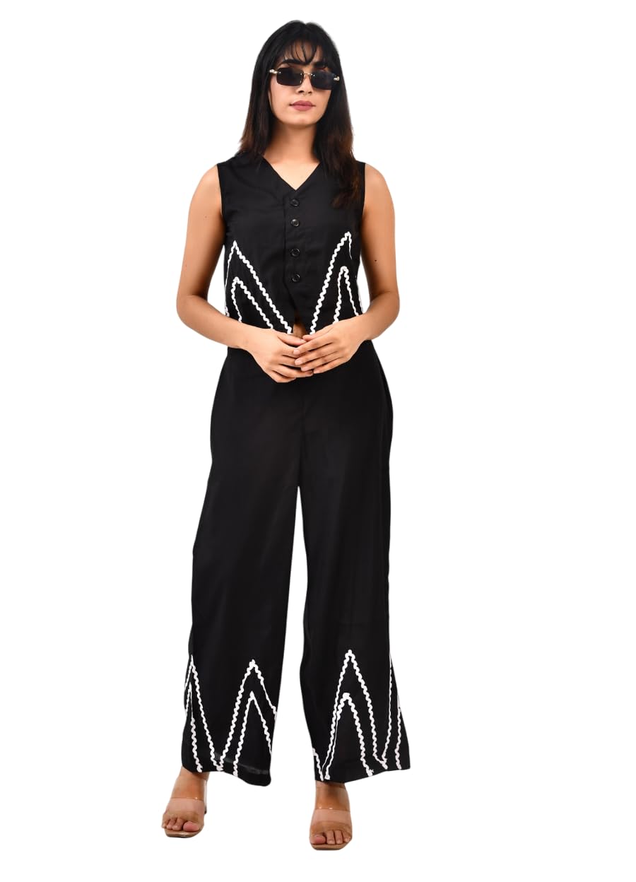 Woman's Roman Silk Fabric Embroidered Solid Waistcoat & Pant Co-ord Set-image-49