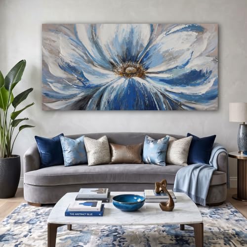 Image of Large Blue Wall Art Framed, White Blue Flower Canvas Wall Decor for Living Room Bedroom, Modern Botanical Floral Painting Picture Artwork, 29x58 Inch Big Size Ready to Hang