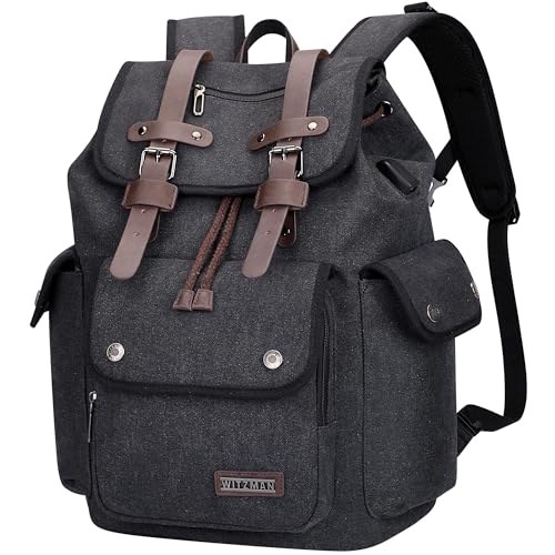 Image of WITZMAN Canvas Backpack for Men Vintage Rucksack Fits 15.6 inch Laptop | Drawstring Backpack, Travel High Capacity Casual Daypack with USB Charging Port, For Vacation, Overnight Trip, A8004 Black