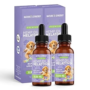 Nature’s Synergy Melatonin and Hemp Oil for Dogs, Cats & Pets, 2 Pack, Calming Sleep Support, Omega Fatty Acids for Hip and Joint Support, Skin and Coat Health, Stress from Travel, Separation