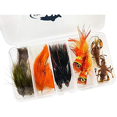 RiverBum Bass Fly Fishing Flies Assortment Kit with Fly Box, Skully Buggers, Bunny Leech, Poppers, Mr Creepo Flies for Fly Fishing - 10 Piece Cover