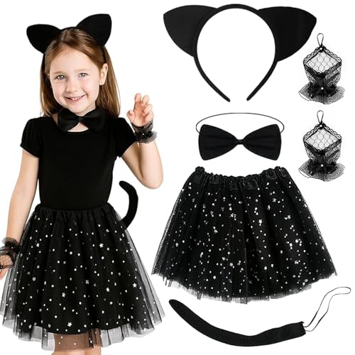 Disfraces Gato Cosplay para Niños Carnival, 6 piezas con Animal Orejas, Pajarita, Guantes, Cola Cosplay, Tutú, Conjunto de Cosplay de Gato para Niña, Disfraces Gato Cosplay para Niños Carnival