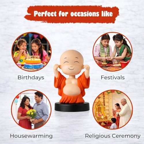 Image of Buddha Ji Laughing Monk Bobble Head Idol for Car Dashboard | Moving Head | Decorative Dashboard Showpiece for Car, Office Table, Study Desk & Home Decor
