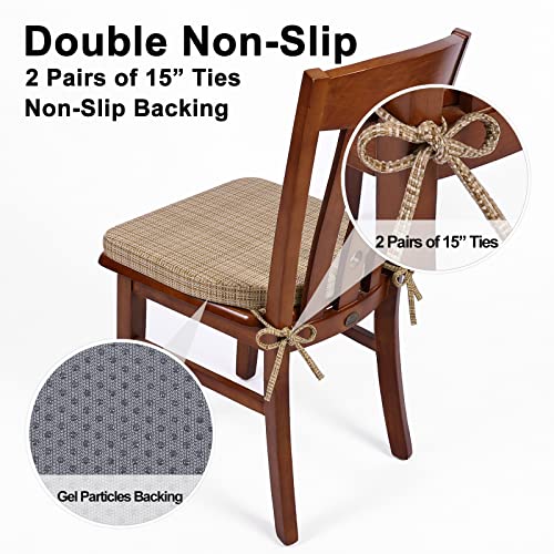 Shinnwa Dining Chair Cushions For Dining Chairs Set Of 4 Plaid Non Slip Chair Pads With Ties High Density Foam Metal Seat Cushions With Machine Washable Cover, 17 X 16.5 Inches, Wheat #TOP3
