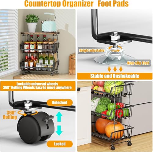Image of ABJA 4 Tier Vegetable Stand, Onion Potato Rack, Kitchen Trolley with Wheels, Metal & Wood Stand for Kitchen Storage Rack, Stackable Baskets (Black, Rustic Brown Top)