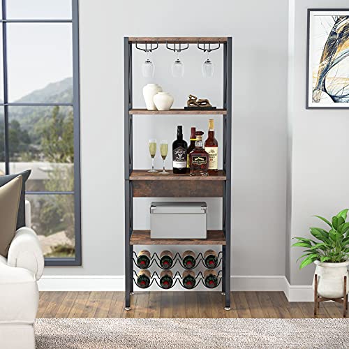 Tribesigns Wine Bakers Rack, 4-Tier Industrial Wine Rack Freestanding Floor With Glass Holder And Wine Storage, Wine Bar Cabinet With Storage For Home Kitchen Dining Room, Rustic Brown #TOP3