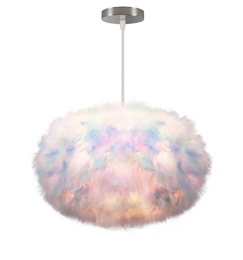 DLGLOLIN Pendant Light Feather Chandelier Indoor Lampshade in Colourful Feathers Hanging Lamp Teen Dec Ceiling for Bedroom Hallway Living Room 35 cm