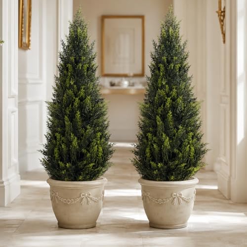 Image of Artificial Cedar Topiary Trees, 3 FT UV Resistant Faux Boxwood Plants,Front Porch Decorations Outdoor,Realistic Evergreen Cypress for Patio Decor Set of 2