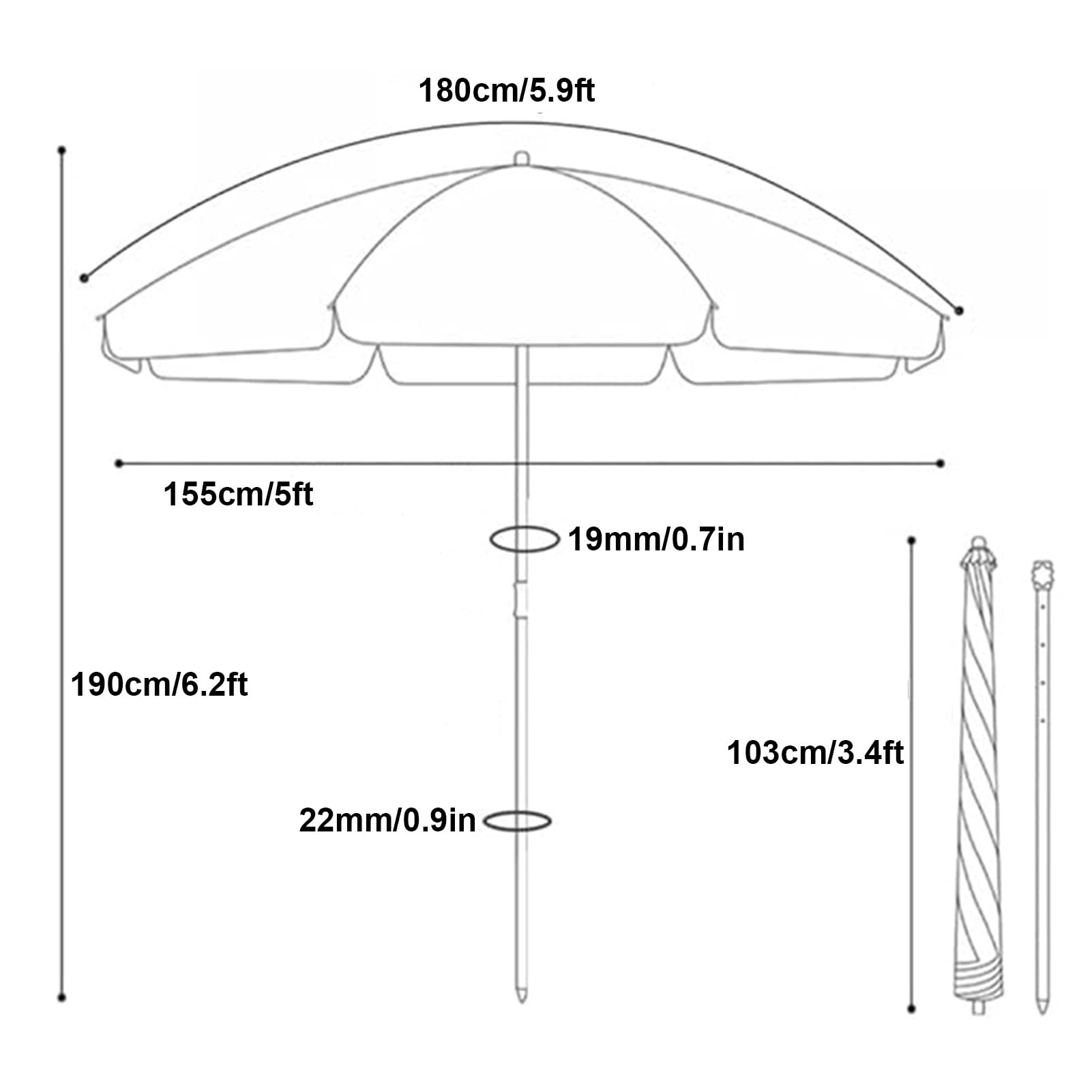 Okrągły Parasol Ogrodowy 5,9/7,2/7,9 Stopy, Przenośny Parasol Tarasowy Z Regulowaną Wysokością, Parasol Plażowy Z 8 Żebrami I Czarną Powłoką,White-180cm/5.9ft