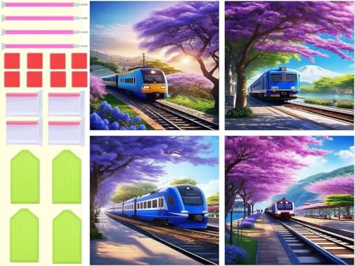 Peinture diamant train de cerisiers 4 pack grand format 70x70cm