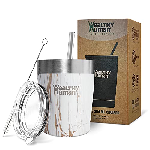 Healthy Human Stainless Steel Tumbler with Straw | Splash Proof Insulated Travel Cruiser Cup | Eco-Friendly Coffee Tumblers with Straws Cleaner & Splash Proof Lid (12oz, Stone Gold)