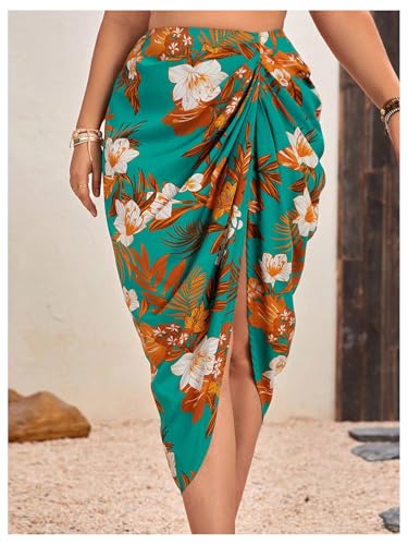 Floerns Women's Plus Size Tropical Ruched Slit Skirt High Waist Beach Midi Skirts4