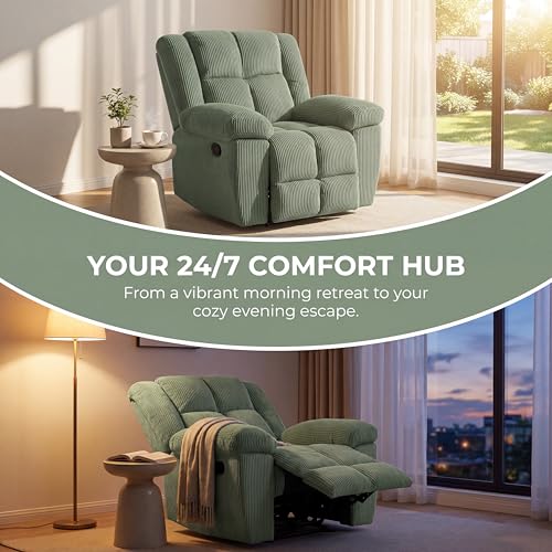 Image of Oversized Corduroy Recliner Chair, Manual Lazy Boy Recliner with Home Theater Seating, Breathable Living Room Reclining Chair for Adults Reading, Gaming, Relax, Green