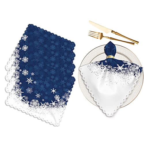 Yibeas Merry Christmas - Set di 4 tovaglioli quadrati in poliestere con fiocchi di neve, morbidi, invernali, colore blu, per la cena di famiglia, ristorante, matrimoni, feste, 45,7 x 45,7 cm