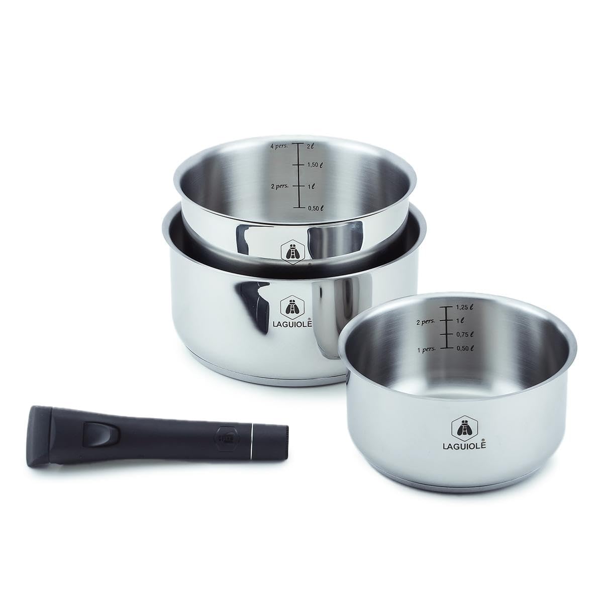 Set de 3 casseroles | Inox 18/10, 3 casseroles 16/18/20 cm, poignées amovibles, induction, four, gain de place, robuste, nettoyage facile, durable