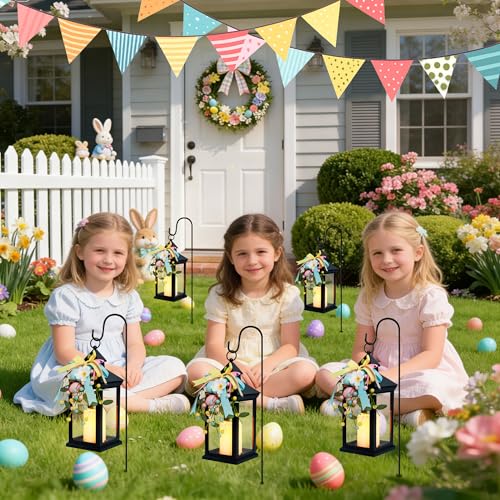 Image of Easter Lanterns Decorative Indoor & Outdoor, 14 Inch Black Candle Lanterns with Timer Waterproof, Hanging Spring and Easter Lantern Decor for Home, Table, Porch, Patio, 2 Pack