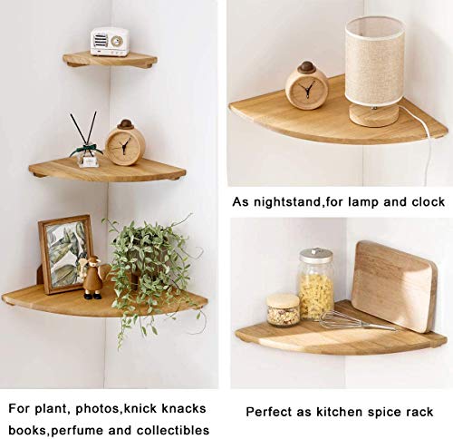 Corner Shelves Wall Mount, 10inch Oak Wood Floating Corner Shelves Set of 2 Round End Small Plant Shelf Wall Mount for Kitchen, Living Room, Bedroom…