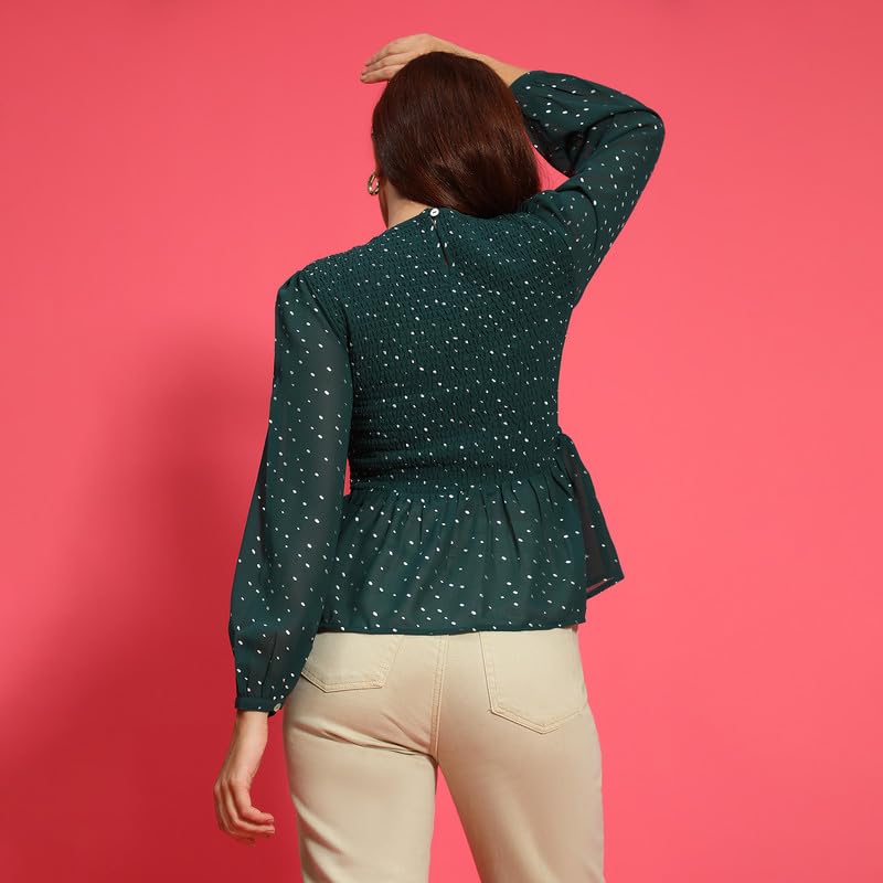 Image of oxolloxo Women Round Neck Long Sleeve Smocked Peplum Top