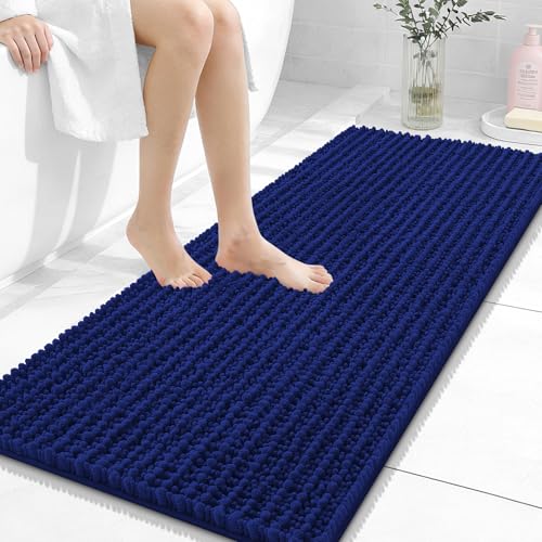 Image of OLANLY Long Bathroom Rugs Runner 47x20, Thick Soft and Absorbent Chenille Bath Mat, Non-Slip, Machine Washable Quick Dry Bath Rugs for Tub Shower Floor, Home Decor Accessories, Navy Blue