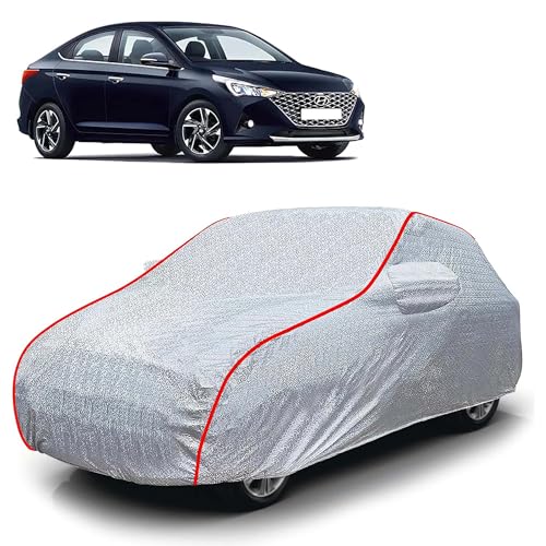 Image of Sulfar 100% Waterproof Car Body Cover Compatible with Mirror for Hyundai Verna (Triple Stitched, Full Bottom Elastic, Magic Silver with Red Piping)