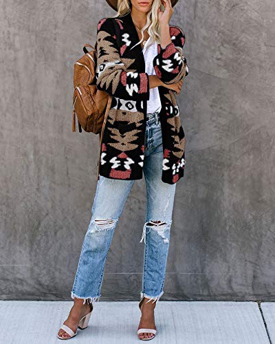 Image of FERBIA Women Boho Cardigan Aztec Open Front Loose Slouchy Sweaters Tribal Long Sleeve Knitted Christmas Jacket Coat