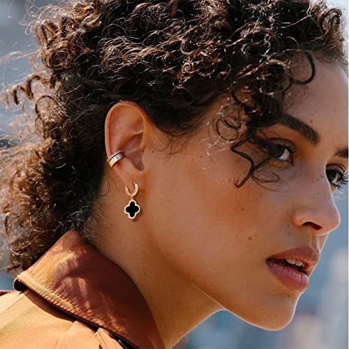 Gold Dangle Earrings, 14K Gold Plated Small Huggie Hoop Earrings with Clover Charms, Dainty Drop Dangle Earrings for Women3