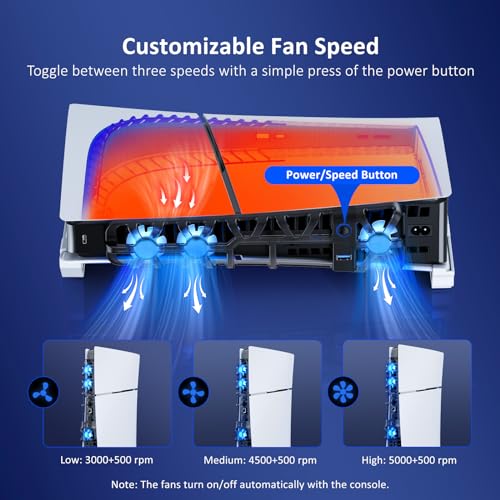 Image of NexiGo PS5 Slim Horizontal Stand with Silent Enhanced Cooling Fan, Adjustable Speed, [Low Noise], [Auto Power On /Off], USB 3.0 Port, Built-in LED Light, for Both Disc and Digital Editions