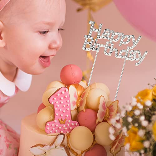Herain Silver Happy Birthday Cake Toppers, Premium Alloy Cake Topper, Glittering Rhinestone Birthday Cake Toppers, Birthday Party Cake Decoration Supplies For Women Or Men #TOP3