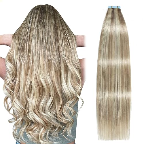 Image of SUYYA Tape In Hair Extensions Human Hair 20 Inch #P18 /613 Ash Bleach Blonde | Remy Human Hair, Invisible Skin Weft, Straight Hair, 20PCS 40G, Ash Blonde Highlighted with Bleach Blonde, Seamless Blend