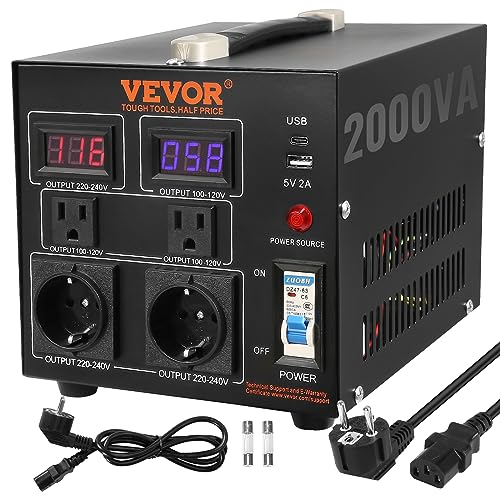 VEVOR Transformador Convertidor de Voltaje Sube/Baja 220-110V/110-220V Convertidor 2000 W CE con 2 Enchufes NEMA 5-15R de 3 Pines EE.UU., 2 Enchufes Shucko Europeos, 1 Conector USB, 1 Conector Tipo-C