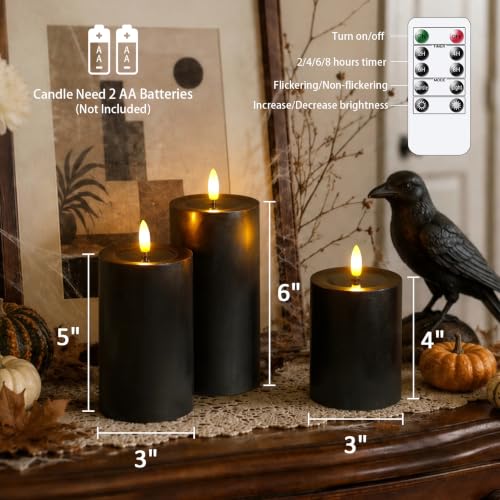 Image of Yeelida Halloween Remote Flameless Flickering Pillar Candles with Candle Grease Effect,Pack of 3 Black LED Battery Oprated 2 /4 /6 /8 Hours Timer Real Wax Electric Candles(3x4,5,6 Inches)