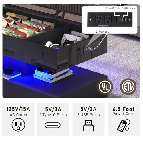 47.2" Large Lift Top Coffee Table,Modern High Glossy LED Coffee Tables for Living Room with Storage,Black Living Room Tables for Living Rooms,Dining Room,Bedroom Home Office,APP LED Lights（Black） - Thumbnail 3