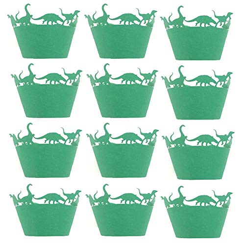 24 Pcs Cupcake Wrappers Dinosaur Laser Cut Cupcake Liners Baking Cup Holder for Wedding Party Birthday Baby Shower Decoration (Green)