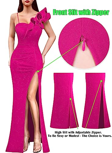 Image of VFSHOW Womens Ruffle One Shoulder Strap Ruched Formal Prom Wedding Maxi Dress V Neck Elegant Split Cocktail Evening Long Gown
