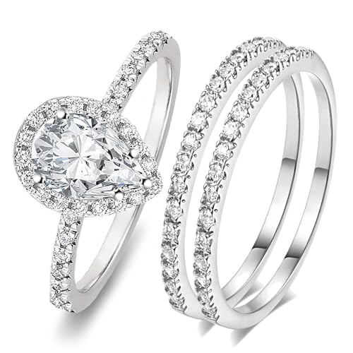 Bridal Ring Sets For Women 3ct 5A Cubic Zirconia Wedding Rings Teardrop Pear Oval Cut Halo Size 5-10